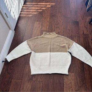 Elegant Tan and White Women's Chunky Knit Turtleneck Sweater